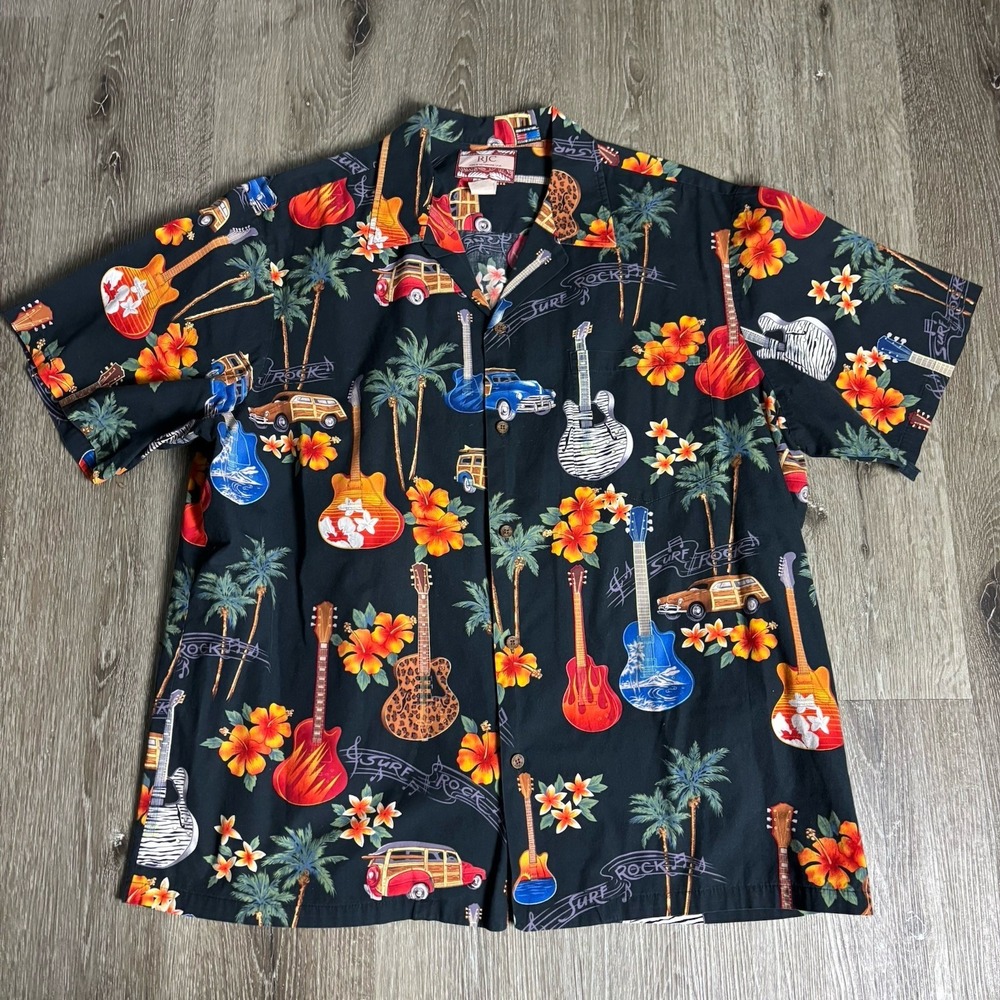 RJC Men's 2XL Hawaiian Shirt‎ Black Classic Cars Surf Floral Guitars Rock Palm